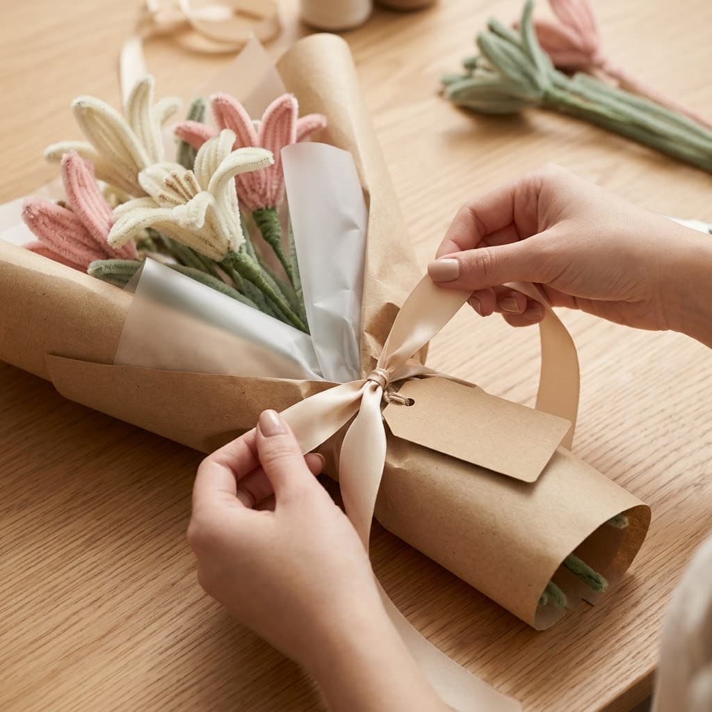 Hazır şönil buketin kraft kâğıt ve kurdeleyle paketlenmesi