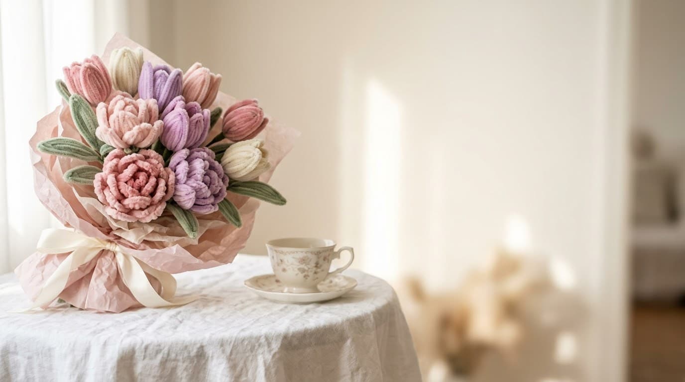 Pastel tonlarda şönil lilyum ve lalelerden oluşan Anneler Günü buketi